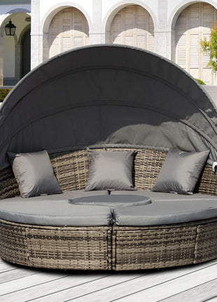 4-Piece Round Convertible Daybed with Cushions, Outdoor PE Rattan Patio Wicker Sofa Set, Sunbed with Adjustable Sun Canopy, Sectional Sofa, 2 Chairs, Table, 3 Pillows, Dark Gray