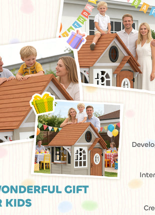 Outdoor Playhouse, Wooden Kids Playhouse with Dog Door, Cookware, Blackboard, Clock, Tic-Tac-Toe Roller for Backyard