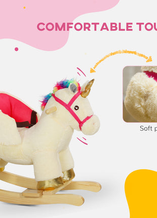 Kids Rocking Horse, Unicorn with Realistic Sound, Safety Belt & Wooden Base for 18-36 Months