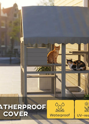 Wooden Catio Outdoor Cat Enclosure with Waterproof Cover, 2 Condos, 4 Platforms, Bridge, Doors, Gray