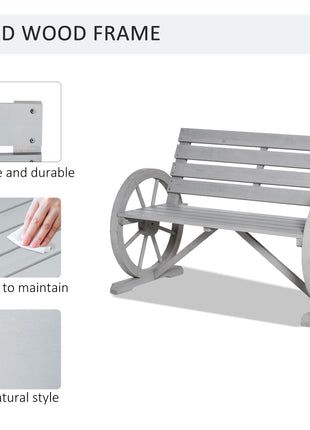 41" Wooden Wagon Wheel Bench, Rustic Outdoor Patio Weather Resistance Furniture, 2-Person Slatted Seat Bench with Backrest, Light Gray