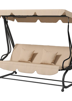 Free Standing Swing Bench, Porch Swing with Stand, Adjustable Canopy, Cushion and Pillows, Ecru