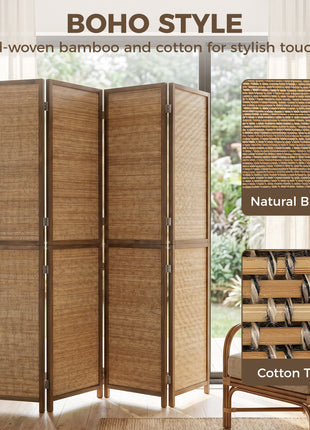 Room Divider, 4 Panel Folding Privacy Screen, 6 FT Tall Hand-Woven Bamboo Wall Partition, Brown