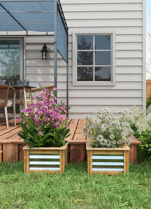 Raised Garden Beds Set of 2, Metal and Wood Combined Planter Box, for Growing Flowers, Herbs and Vegetables