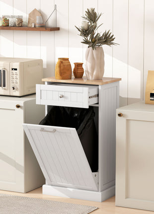 10 Gallon Tilt Out Trash Cabinet, Wooden Hidden Trash Can with Storage Drawer for Kitchen, Laundry Hamper Cabinet for Bathroom, White