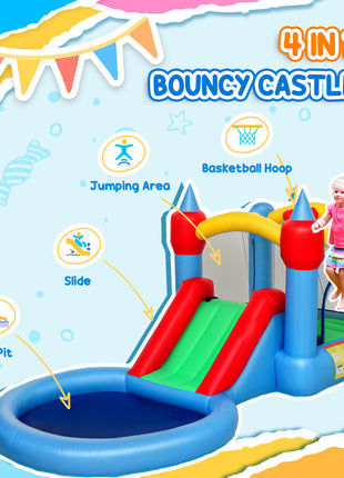4 in 1 Inflatable Bounce House with Slide, Basketball Hoop, Ball Pit, 370W Blower, Storage Bag, 163" x 81" x 75"