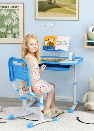 Kids Desk and Chair Set with USB Light, Storage Drawer, Blue