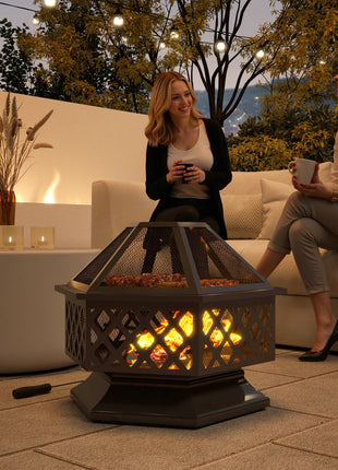 28" Outdoor Fire Pit with Grill Hexagon Fireplace Wood Burning Firepit with Cooking Grate, Fire Poker, Spark Screen Lid