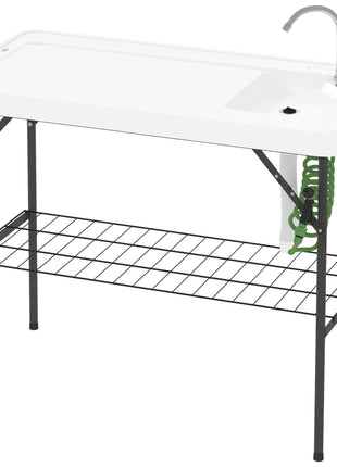 Folding Fish Cleaning Table with Sink, Portable Camping Table with Faucet, Drainage Hose, Sprayer and Shelf, White
