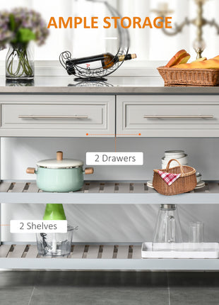 Kitchen Island with Stainless Steel Top, Traditional Kitchen Island with Storage, Butcher Block Cart 2-Tier Open Shelves, Drawers, Light Gray