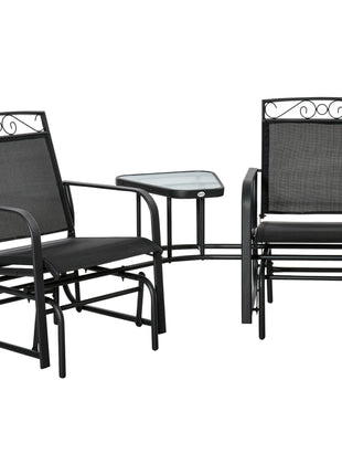 Outdoor Glider Chairs with Coffee Table, Patio 2-Seat Rocking Chair Swing with Breathable Sling for Backyard, Black
