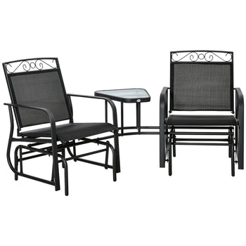 Outdoor Glider Chairs with Coffee Table, Patio 2-Seat Rocking Chair Swing with Breathable Sling for Backyard, Black