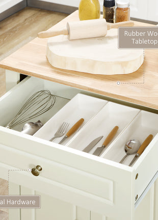Rolling Kitchen Island Cart, Portable Serving Trolley Table with Drawer, Adjustable Shelf and 2 Towel Racks, Cream White