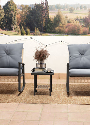 3 Pieces Bistro Set, Patio Wicker Furniture Set with Button Tufted Cushions, Rattan Rocking Chairs, Coffee Table, Gray