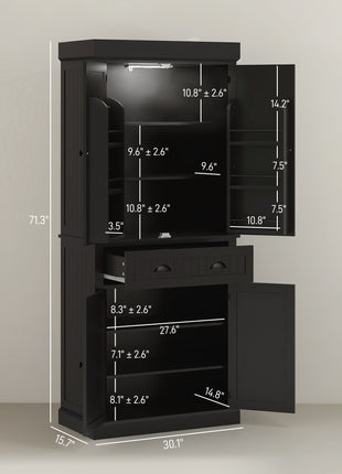 71" Kitchen Pantry Cabinet with LED Lights, 6 Door Shelves, a Drawer and 4 Adjustable Shelves, Black