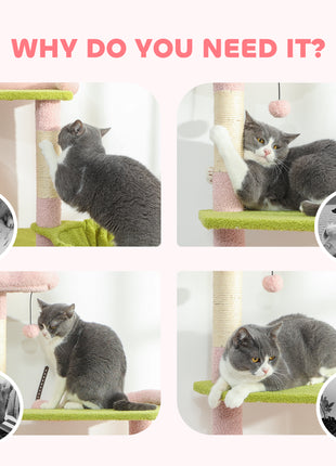 74" Flower Cat Tree, Large Cat Tower with Scratching Post & Board for Indoor Cats, Pink