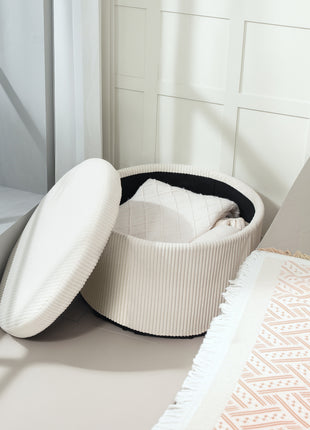 24 Inches Round Storage Ottoman Stool with Lid, Upholstered Corduroy Foot Rest for Living Room, Bedroom, Beige