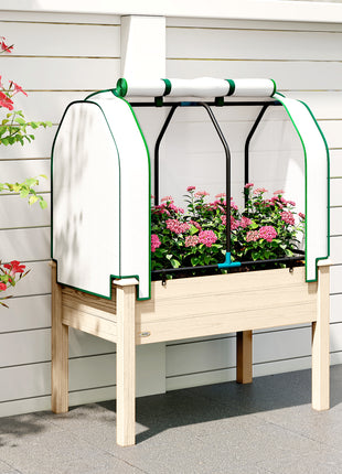 Raised Garden Bed with PE Greenhouse Cover Outdoor Planter Box for Herbs and Vegetables, 35 x 22 x 47 inch, Natural