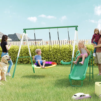 Metal Swing Set with Slide, Saucer Swing Seat, Heavy Duty A-Frame Stand and Adjustable Rope for Backyard, Dark Green