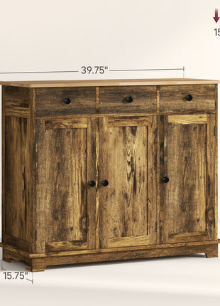 Kitchen Storage Cabinet, Sideboard Floor Cupboard with Solid Wood Top, Adjustable Shelf, and 3 Drawers, Brown
