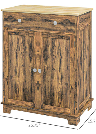 Kitchen Storage Cabinet, Sideboard Floor Cupboard with Solid Wood Top, Adjustable Shelf, and 2 Drawers, Brown
