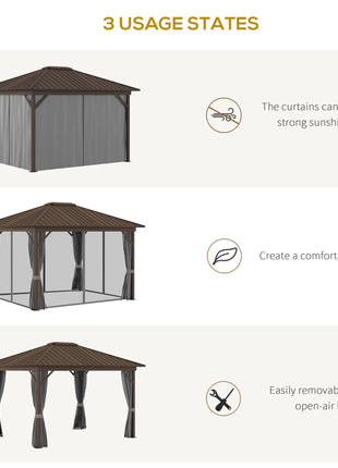 10' x 12' Hardtop Gazebo with Curtains and Netting, Permanent Pavilion Metal Single Roof Gazebo Canopy with Aluminum Frame and Hooks, for Garden, Patio, Backyard, Gray