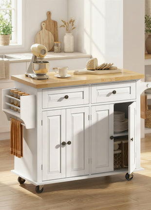 44" Mobile Kitchen Island Table, Kitchen Island Cart on Wheels with Storage Cabinets, 2 Drawers, White