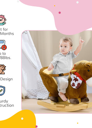 Baby Rocking Horse, Riding Horse, Plush Animal Rocker with Realistic Sound, Pedals for Ages 18-36 Months, Brown