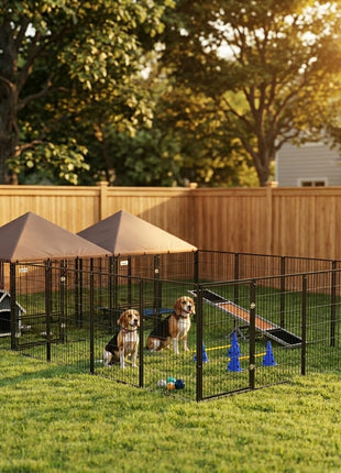 Large Outdoor Dog Kennel with 2 Rooms, Rotating & Adjustable Height Bowls, 13.5' x 9.4' x 5.1'