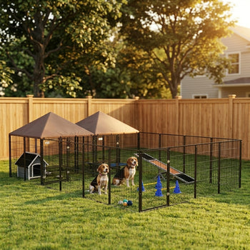 Large Outdoor Dog Kennel with 2 Rooms, Rotating & Adjustable Height Bowls, 13.5' x 9.4' x 5.1'