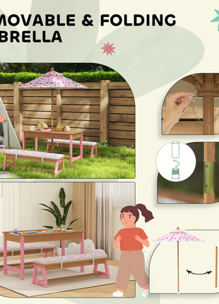 Kids Picnic Table Set with Foldable Umbrella, Removable Cushions & Boxes, Flamingo Theme, Pink