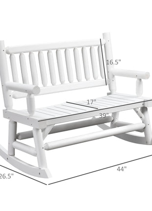 2-Person Wood Rocking Chair with Log Design, Heavy Duty Loveseat with Wide Curved Seats for Patio, Backyard, Garden, White