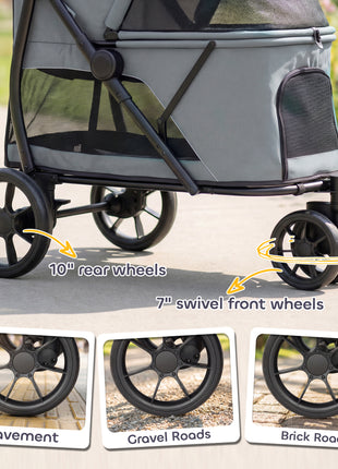 3 Wheel Pet Stroller with Easy One-Click Quick Fold, Mesh Window, Washable Cushion, for Medium Dogs, Gray
