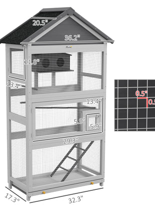 Wooden Bird Aviary with Slide-Out Tray, Birdhouse, Ladder, Perches for Finches, Parakeets, Gray