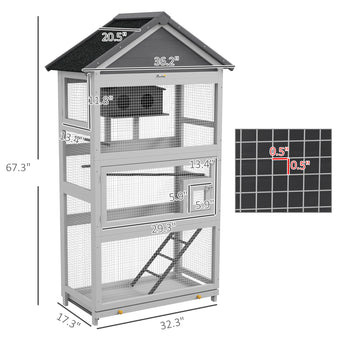 Wooden Bird Aviary with Slide-Out Tray, Birdhouse, Ladder, Perches for Finches, Parakeets, Gray