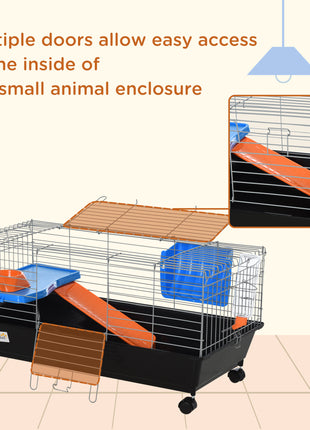 35"L Small Animal Cage with Food Dish, Water Bottle, Hay Feeder, Platform, Ramp for Chinchilla, Black