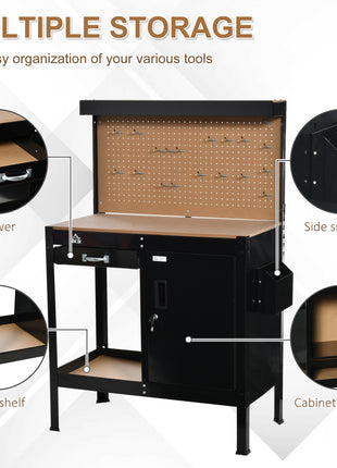 Multipurpose Workbench, Workshop Tool Table with Slide Drawer. Peg Board, Storage Cabinet with Keys