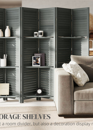 6 Panel 67" Tall Wood Privacy Screen Room Divider with 3 Shelves and Folding Storage for Bedroom, Gray