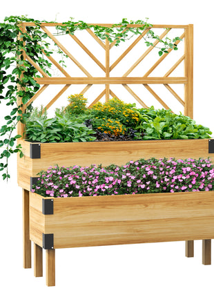 2 Tier Trellis Planter, Wooden Raised Garden Bed, Natural