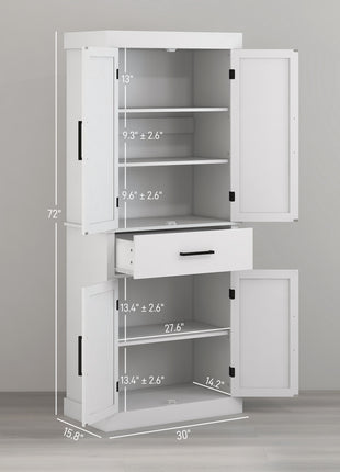 72" Tall Kitchen Cabinet, Kitchen Pantry Cabinet with Barn Doors, Drawer, 5-Tier Shelf and Adjustable Shelves, White