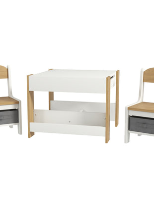 3pc Kids Table and Chair Set with Reversible Tabletop Blackboard, Storage & Bookshelves, Natural