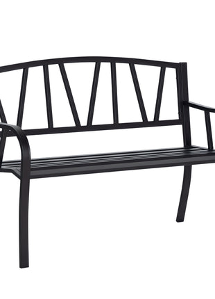 50" Outdoor Bench, Metal Garden Bench with V-Shaped Pattern Backrest, Porch Bench with Slatted Seat for Park, Yard, Lawn, Black
