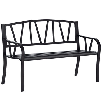 50" Outdoor Bench, Metal Garden Bench with V-Shaped Pattern Backrest, Porch Bench with Slatted Seat for Park, Yard, Lawn, Black