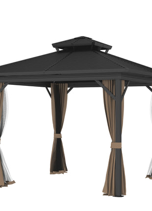 10' x 10' Hardtop Gazebo with Aluminum Frame, Metal Roof Gazebo Canopy w/ Hook, Curtains included, Dark Brown