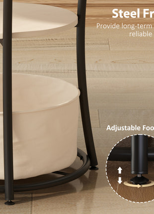 Round Side Table with Charging Station, 3-Tier End Table with Fabric Storage Bag and Shelf, Natural Wood