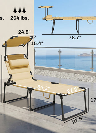 Outdoor Lounge Chair, 4 Position Adjustable Backrest, Folding, Cushioned w/ Sun Shade Roof & Pillow, Cream White