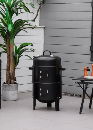 3-in-1 Vertical Charcoal BBQ Smoker Grill with 2 Cooking Areas and Thermometer