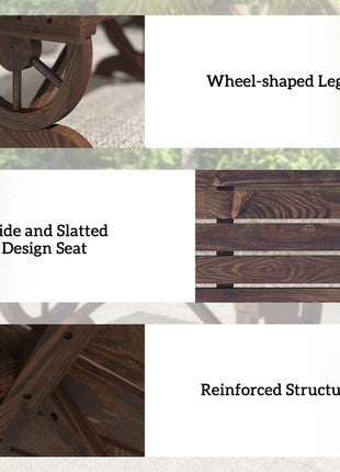 2-Person Wooden Garden Bench, Outdoor Wagon Wheel Porch Bench for Backyard Garden, Support 550 LBS, Rustic Country Style Patio Furniture, Brown