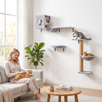 3-In-1 Cat Wall Shelves with Condo, Bed, Hammock, Scratching Post and Spring Ball, Gray
