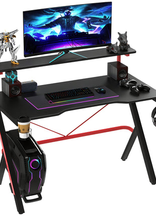 47 Inch Gaming Desk Racing Computer Desk Home Office Workstation with Elevated Monitor Shelf Rotatable Cup Holder Headphone Hook, Black
